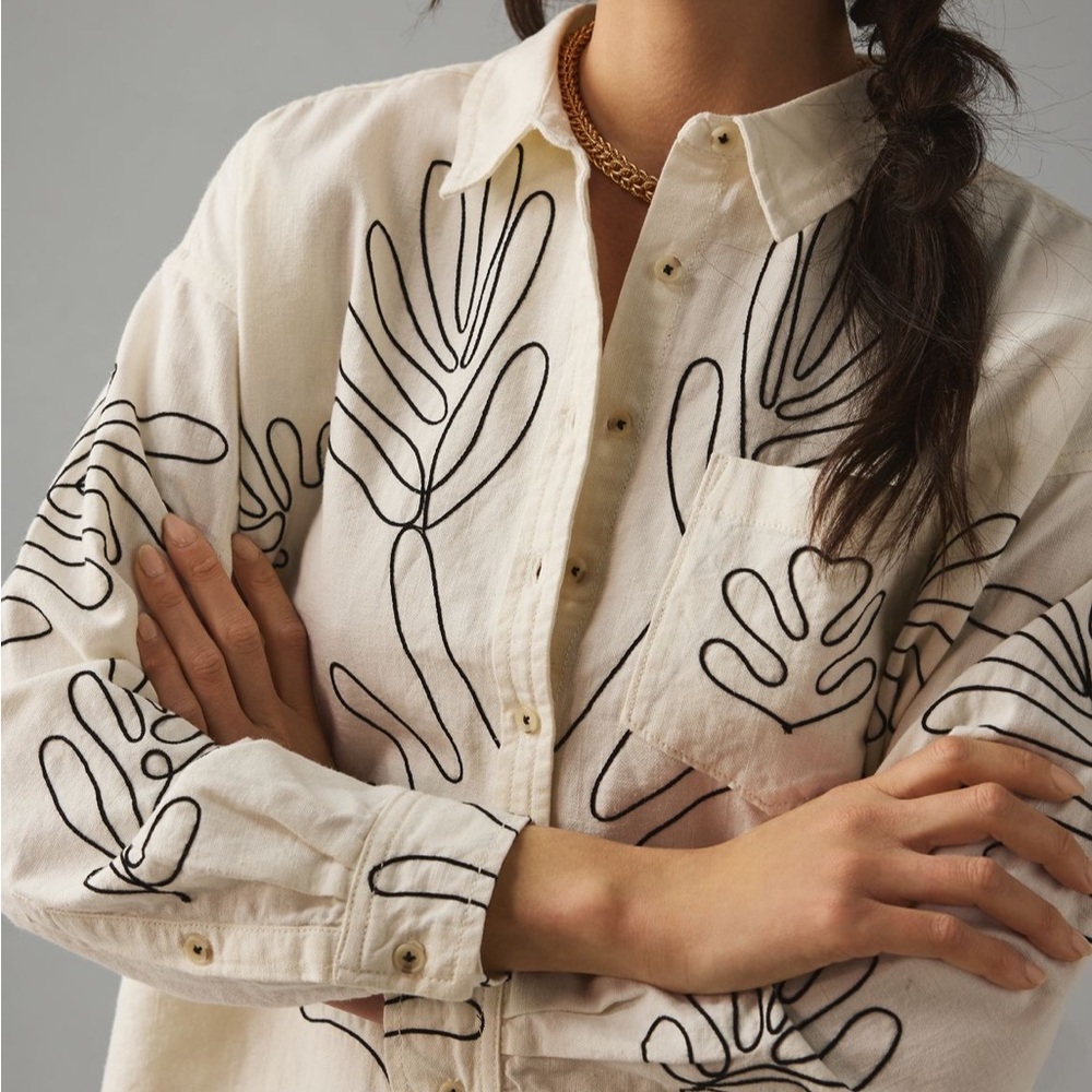 Anthropologie Cream and Black Button Down Shirt